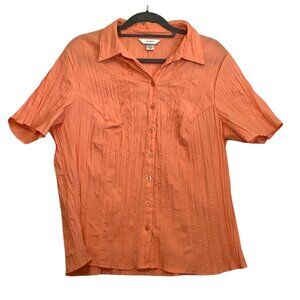 CJ Banks Orange Crinkle Short Sleeve Button-Up Blouse Women 1X Cotton Blend